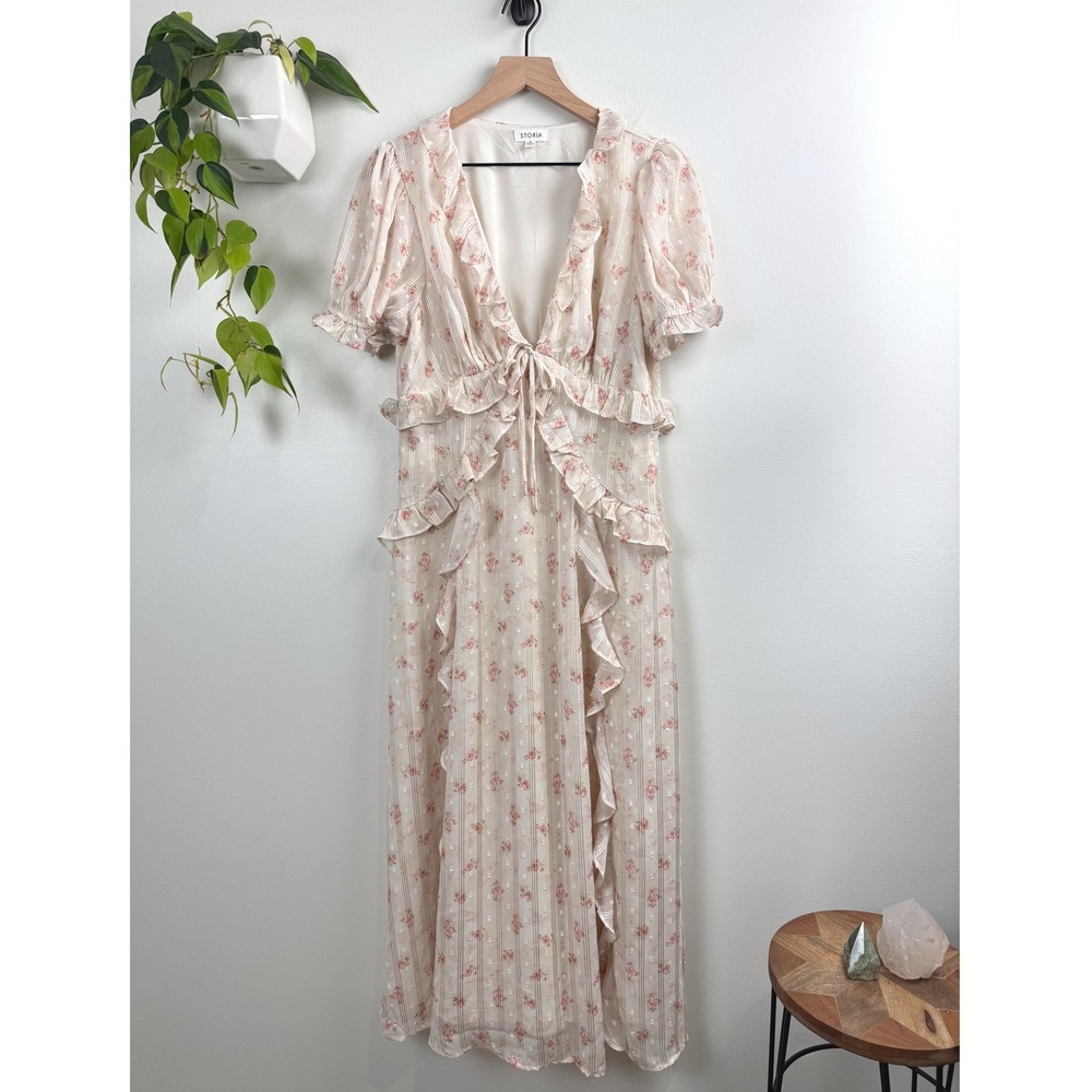 Storia Floral Maxi Dress Cream Pink Metallic Stripe XL Cottagecore Coquette Boho